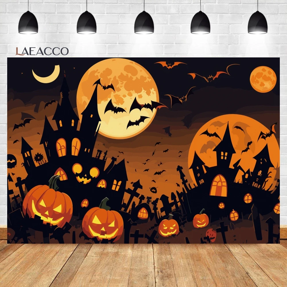 Laeacco-Halloween Fotografia Backdrop, Lua cheia assustador Night Castle, Abóboras Moonlight Bat, Horror Retrato de Fundo para Crianças e Adultos