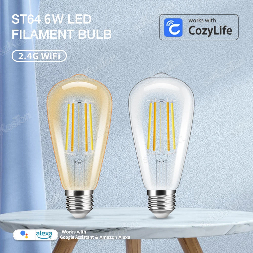 Cozylife-lâmpada led inteligente com wifi, lâmpada de filamento retro, regulável, luz branca quente, controle de voz, alexa e google, 2 pcs/lot, st64 e27