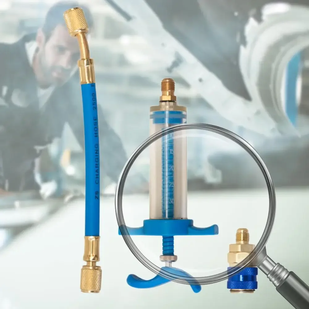 

Transparent Oil Jet Dye Jet Tool AC Oil Dye Injector 30ml 1 oz with Low Side Quick Connector Adapter 1/4 Inch Manual Oiler