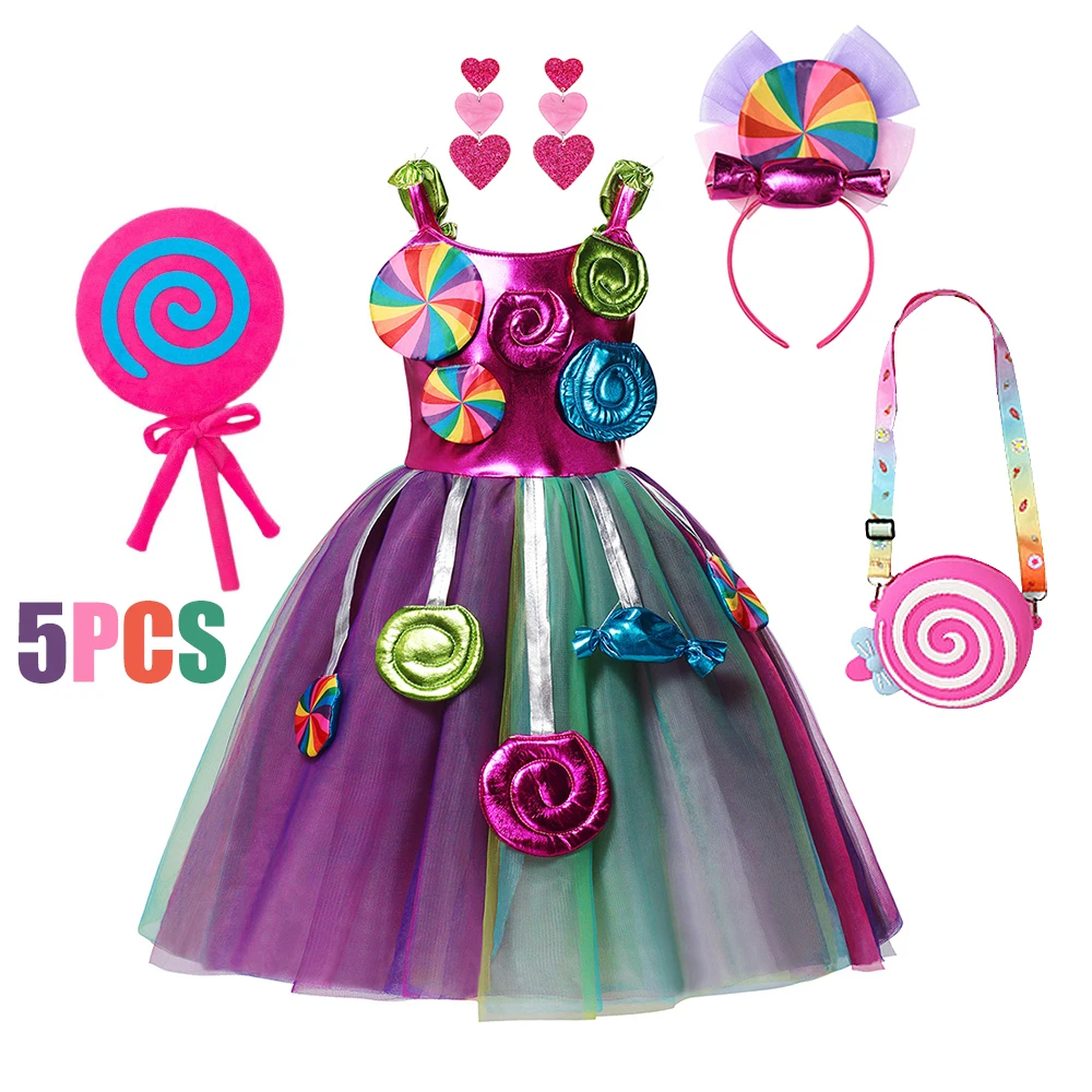 Girls Rainbow Dress Candy Costume Sweet Lollipop Festival Purim Carnival Party 3-10y Children Clothing with Candy Wing Stage Sho
