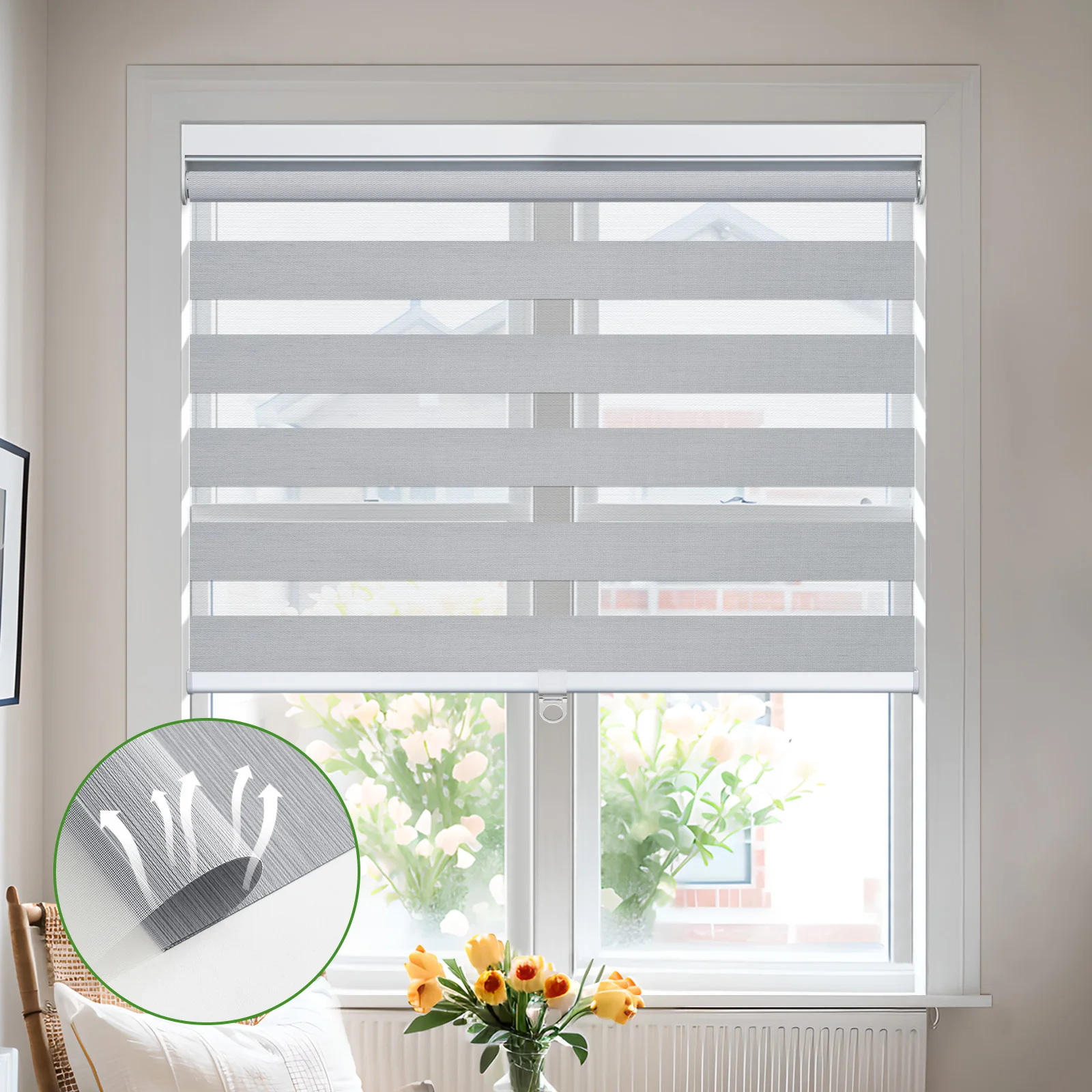 

Moonice Cordless Zebra Blinds 90% Blackout Custom Zebra Windows Shades Dual Layer Sheer Free-Stop Roller Shades for Windows