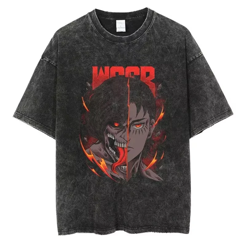 

Anime Attack on Titan Printed T-Shirt in Washed Cotton Unisex Streetwear Oversized Loose Casual Vintage Washed Short Sleeve