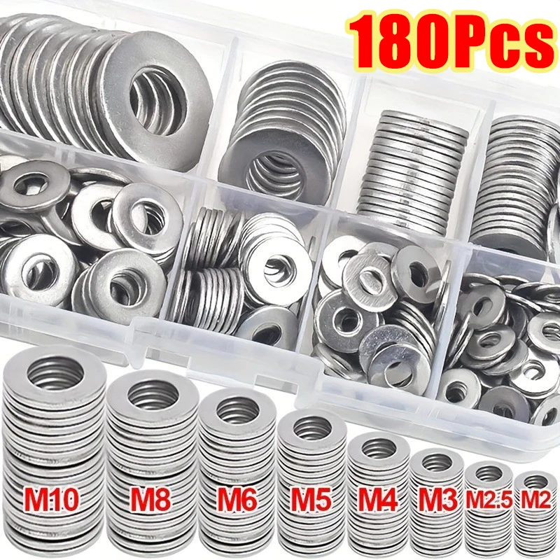 Juego surtido de 80-180 piezas de acero inoxidable, kit de arandelas planas con caja de almacenamiento personalizada, varios tamaños (M2-M10) para tornillos y pernos