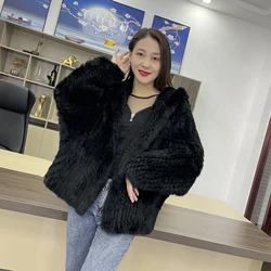 MPPM Natural Rabbit Fur Coat Women Real Rabbit Fur Hooded Coat Long Sleeve Women's Jacket Casual Loose Knitted Fur Jacket