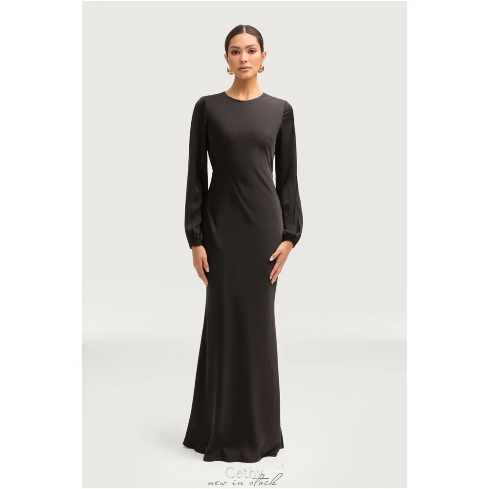

Cathy Customized O Neck Long Sleeves Muslim Style Prom Dress Simple Mermaid vestidos de noiva Maxi Satin Evening Dresses 2025