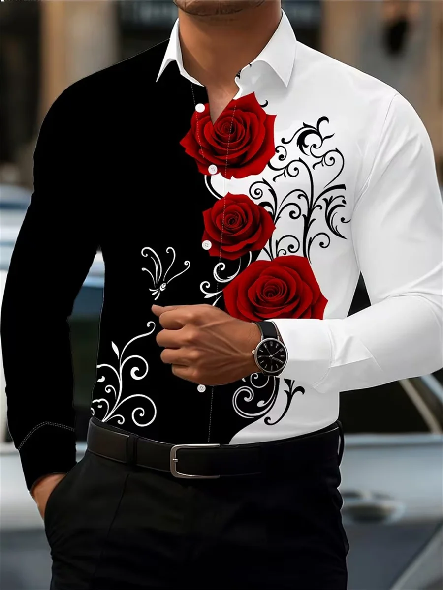 Men's Red Rose Print Long-Sleeve Shirt, Fashionable and Casual