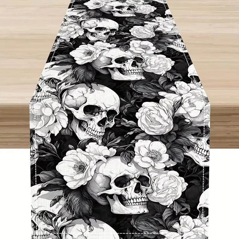VIKAMA Gothic Table Runner, Reusable Skull White Rose Floral Print Decor Table Runner For Halloween Dining Party Home Decor
