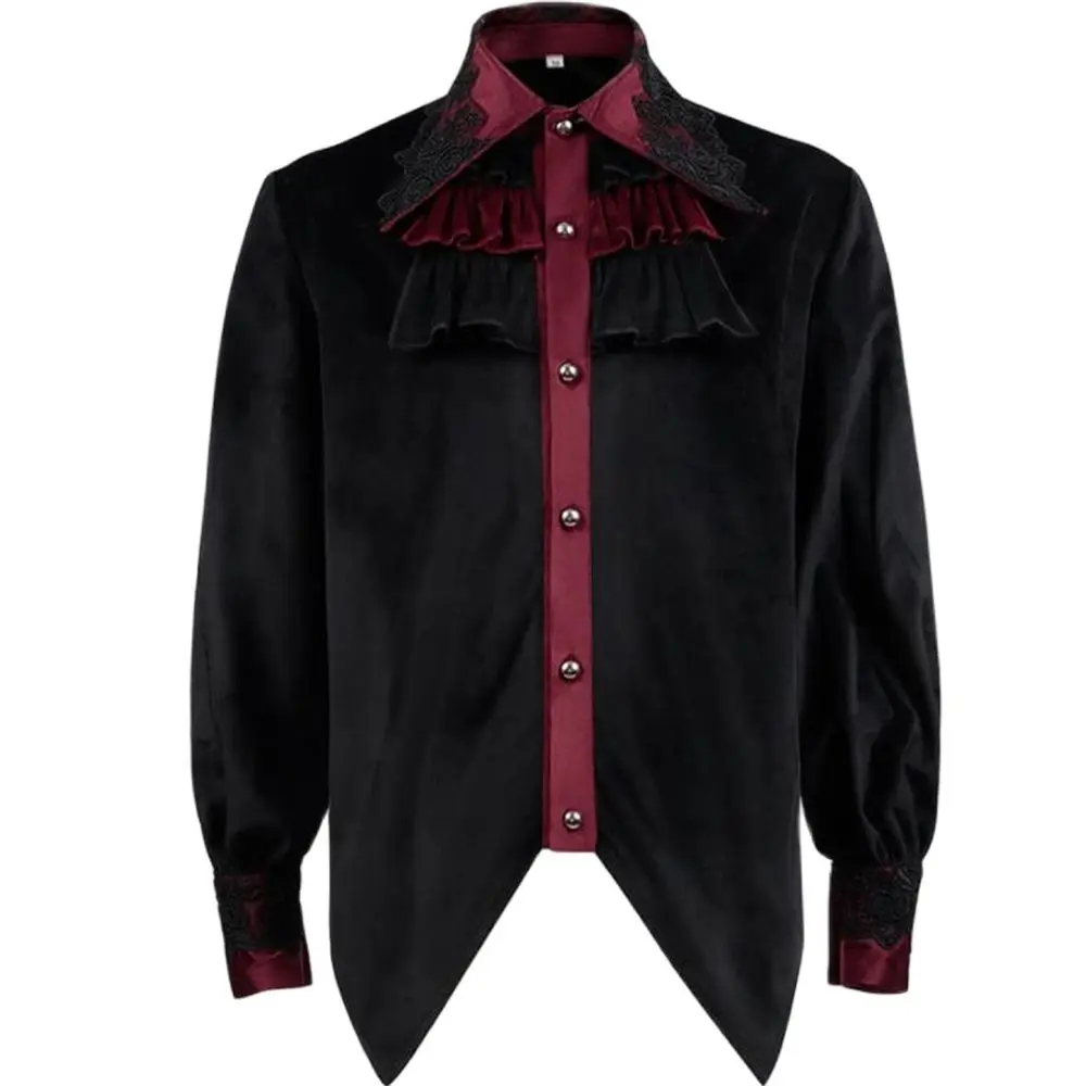 New Steampunk Men\'s Black Shirt Lace Trim Ruched Tailcoat Gothic Vampire Halloween Coval Long Sleeve Shirt Men Halloween Costume