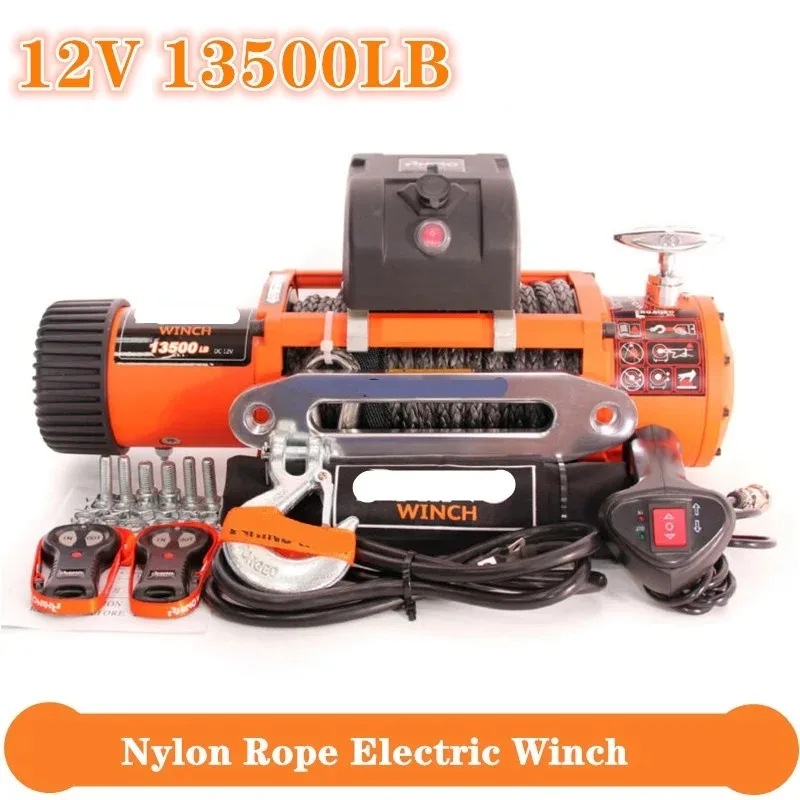 Winch Car 12v 13500lb Electric Winch Heavy Duty ATV Trailer High Tensile Nylon Rope Cable Remote Control Set