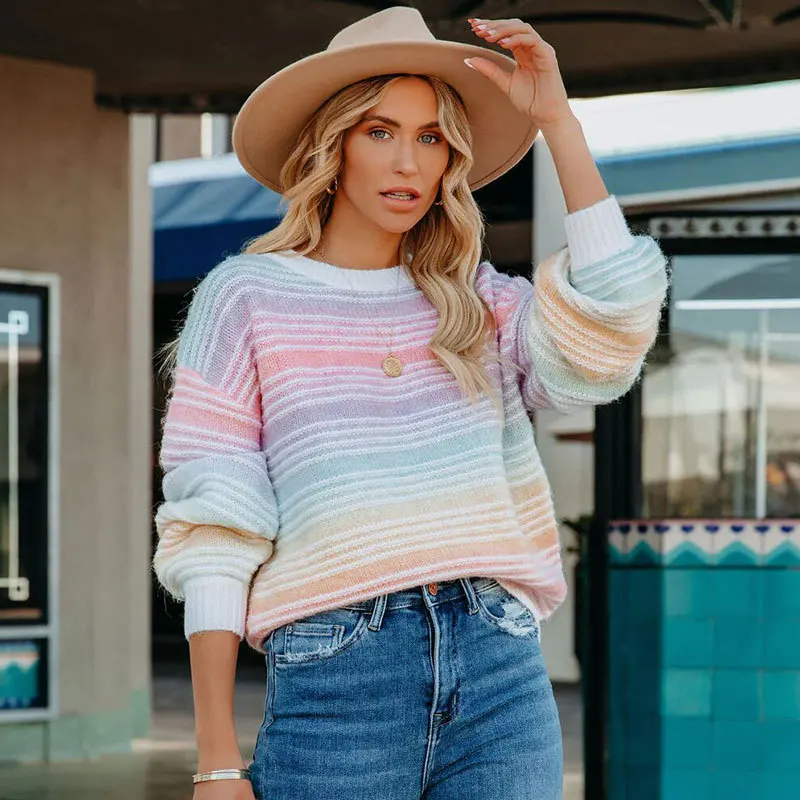 Autumn And Winter Pullover Striped Round Neck Sweater Loose Long Sleeve Large Size Rainbow Sweater For Women Women 2024