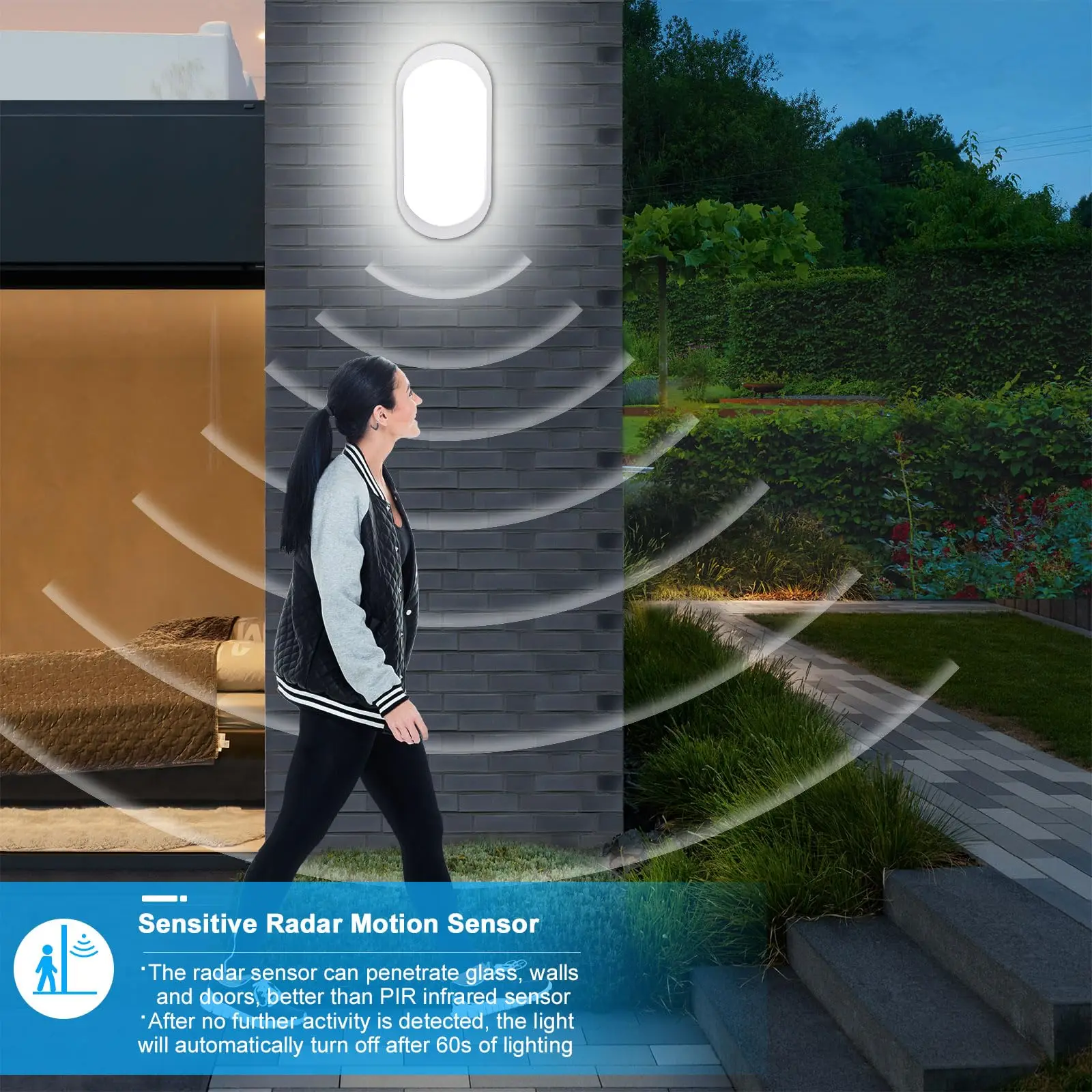 LED-Wandleuchte 12 W mit Radar-Bewegungsmelder und Dämmerungssensor, 1080 lm IP65 Nassraum-Deckenleuchte für Flur, Garage, Balkon – Detail 5
