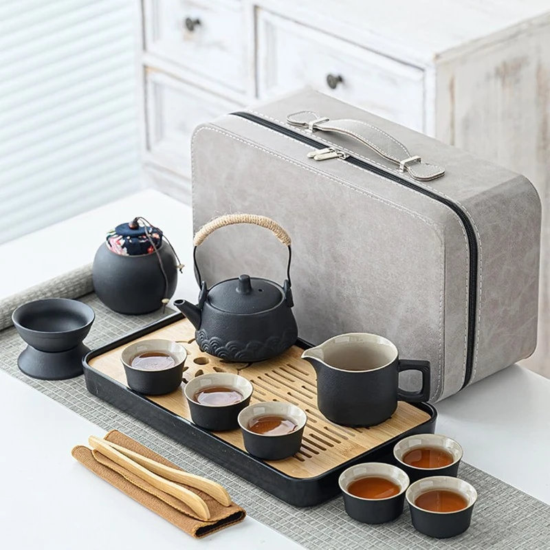 

Gongfu tea sets, Portable Ceramic TeaSet, Asian Tea sets for adult, Tea Gift sets, Grey leather case, Portable Travel Ba
