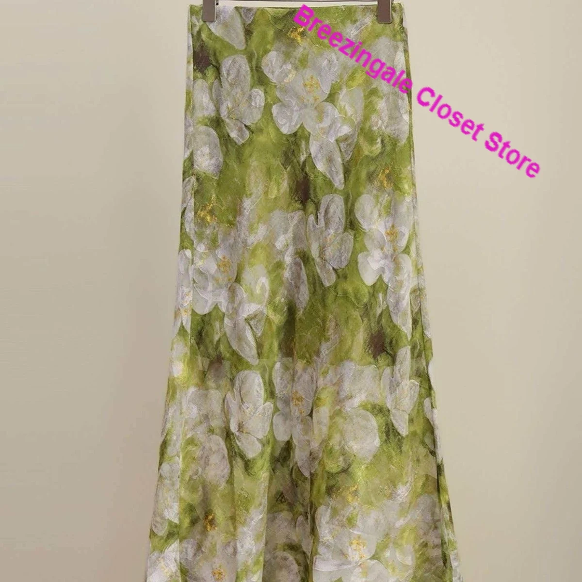 French light wind fresh green flower skirt female summer and autumn new fashion high waist chiffon long slim A fishtail skirt.