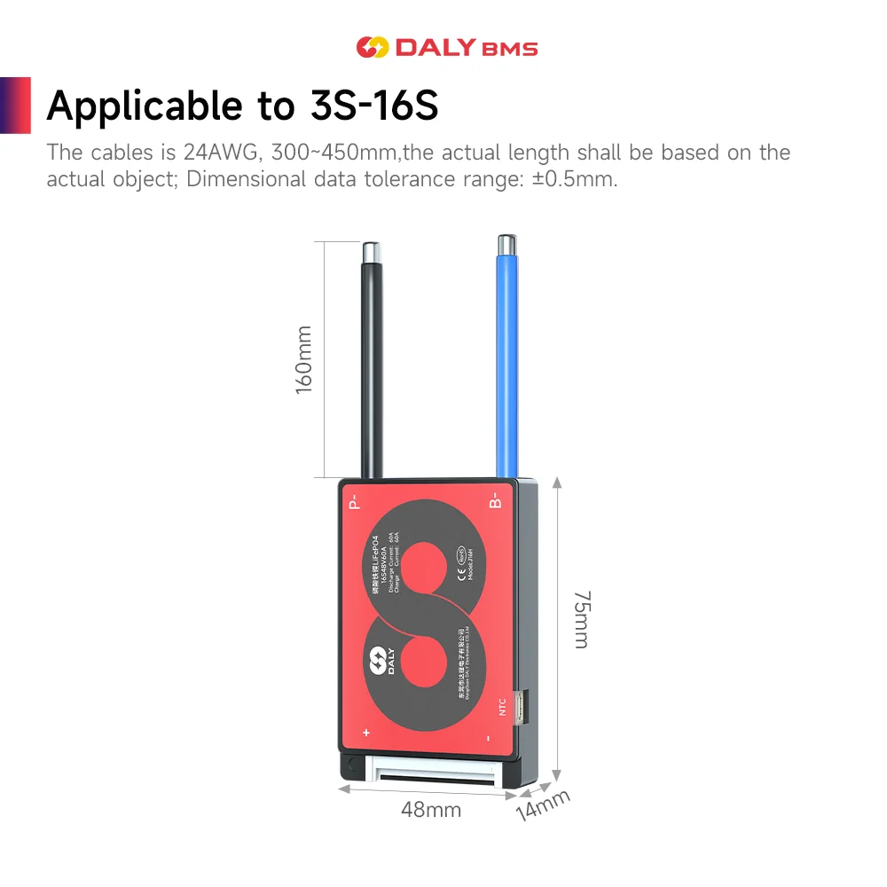 Daly BMS 2024 New Lifepo4 3.2V lithium 60A BMS Small size 4S 12V 8S 24V 16S 48V For EV scooter Protect Charge and Discharge