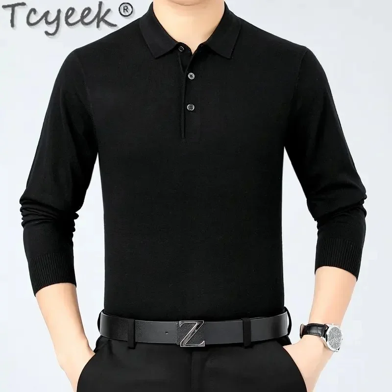 2024 cyeek Spring for 100% Cashmere ees High Quality Long Sleeve Men Clothing Pure Color Tee Shirt Homme