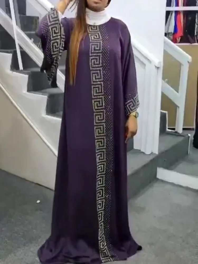 Elegant Fashion Purple African Dresses Flare Sleeve Diamonds Islamic Clothing Abaya Muslim Robe Long Maxi Party Dress Vestidos