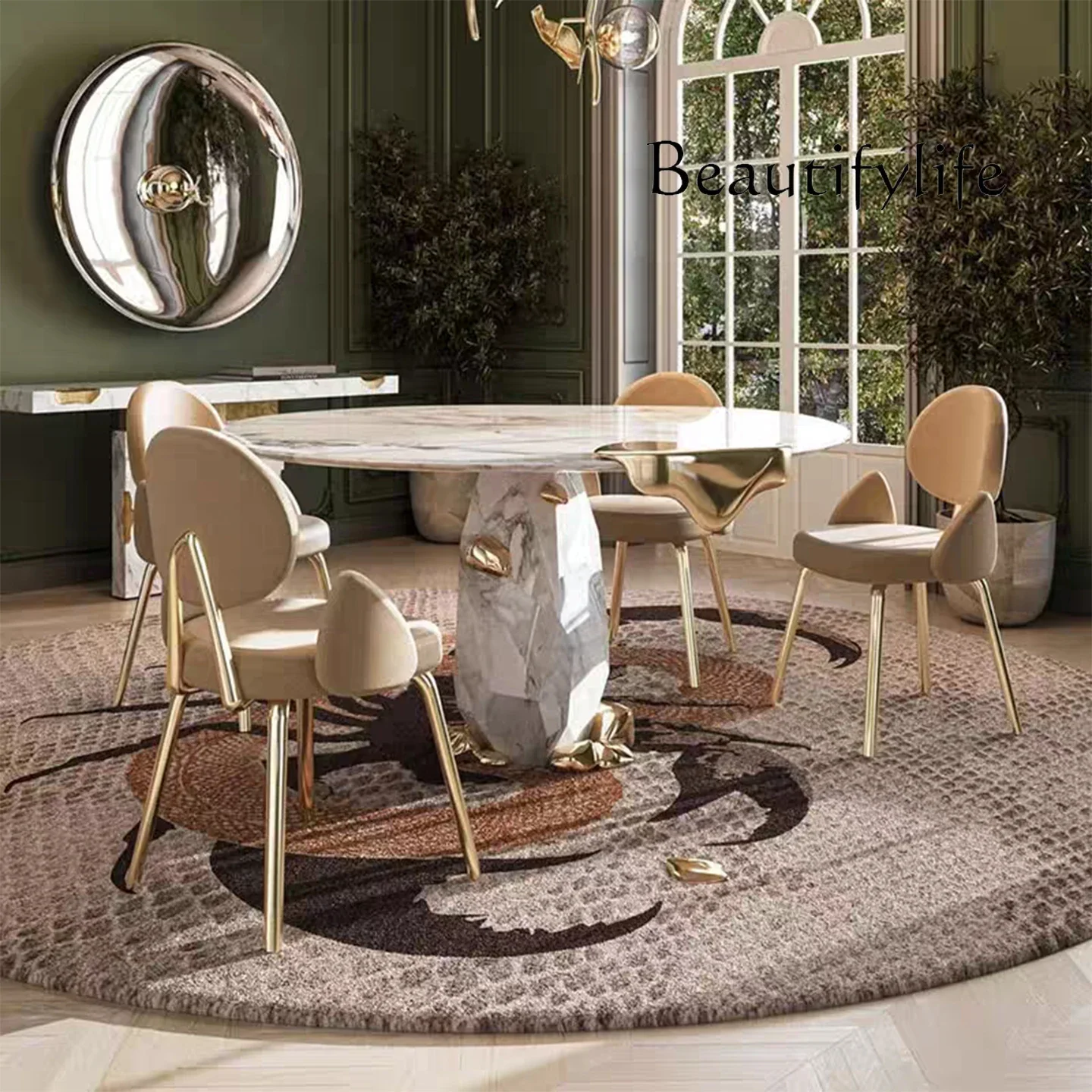 J Italian Light Luxury Stainless Steel Dining Chair High-end Villa Luxury Home Large Flat Layer Designer Modern Simple Back Chai