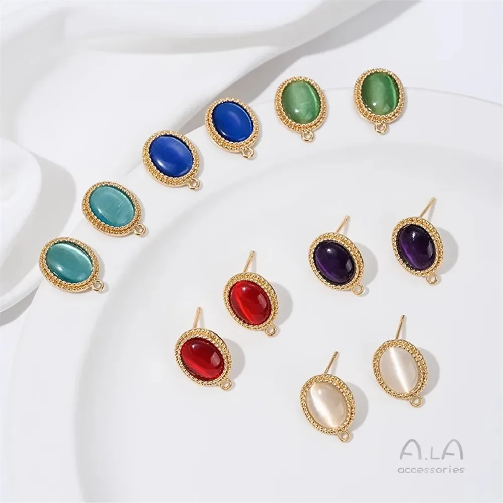 

14K Gold-plating Retention Inlaid Oval Egg-shaped Colored Opal Stud Earrings Silver Needle with Rings DIY Earrings Accessories