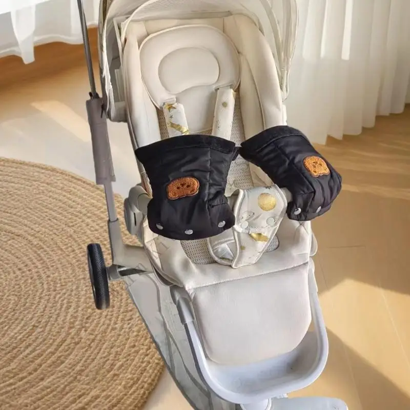 1 Pair Winter Windproof Anti-freeze Baby Stroller Gloves Thick Plush Lining Pushchair Hand Warmer Mittens Cartoon Cart Hand Muff