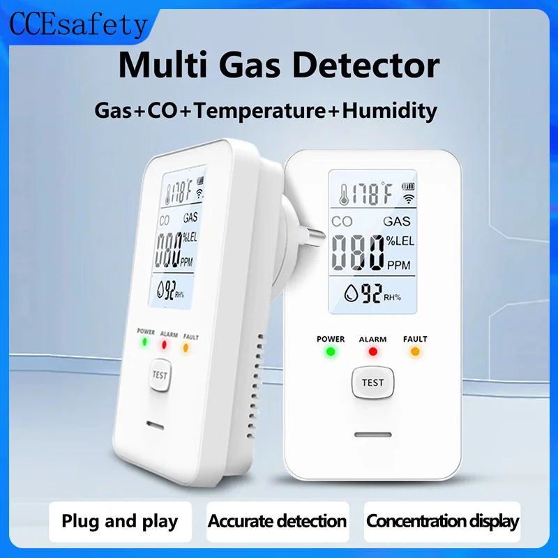 

4-in-1 Carbon Monoxide Detectors Combustible Gas Detector Plug in Gas Leak Detector with Temperature Humidity For Home RV Safety