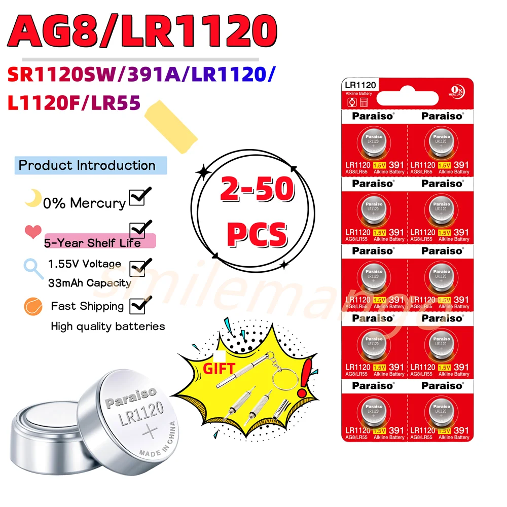 New High-Capacity 1.55V AG8 LR1120 391 SR1120 R1120W CX191 Button Batteries G8A 191 SR1120SW Cell Coin Watch Toys Remote Battery