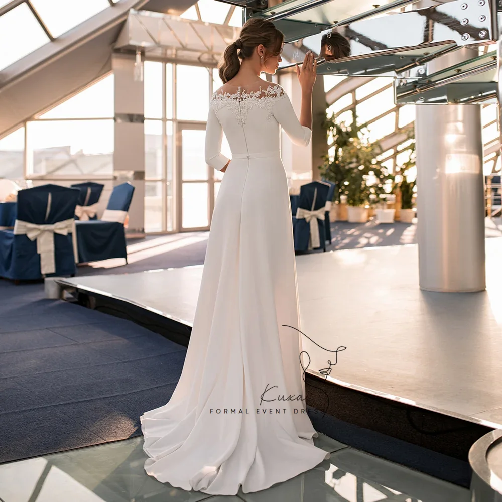 KUXA Simple Wedding Dresses Customized Boat Neck Floor-Length Beading Appliques A Line Formal Bridal Gowns Robe De Mariee 2026