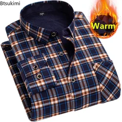 2024 Men's Keep Warm Shirts Top Autumn Winter Fleece Warm Long Sleeve Printed Plaid Shirts Men Lapel Tops Men's Clothing Shirts