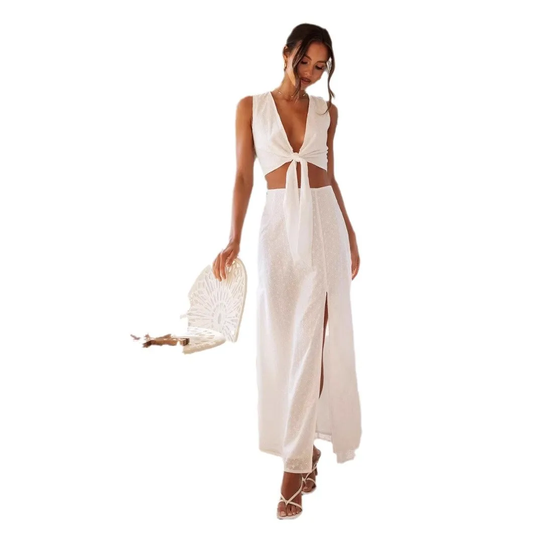 ผู้หญิง 2 ชิ้นปักลูกไม้ที่ว่างเปล่า V คอสีทึบเซ็กซี่ TOP Casual Slit ชุดกระโปรงยาว 2025 ฤดูร้อน