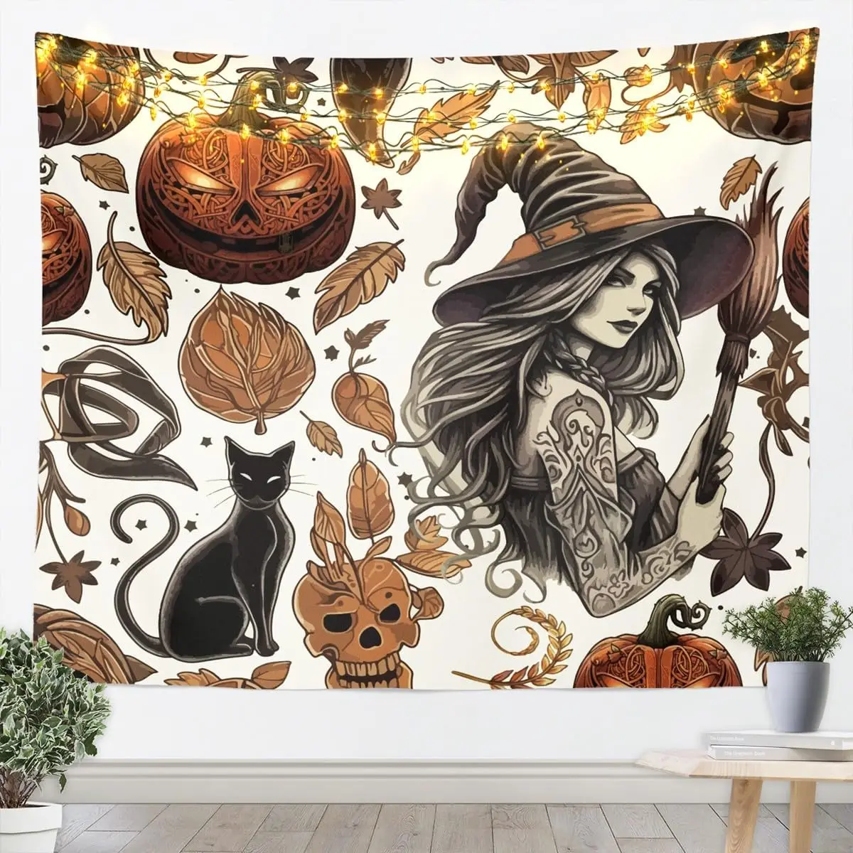 Gothic Tapestry for Bedroom,Horror Pumpkin Lantern Wall Tapestry Spooky Dark Shadows Castle Tapestries Vintage SkeletonHalloween