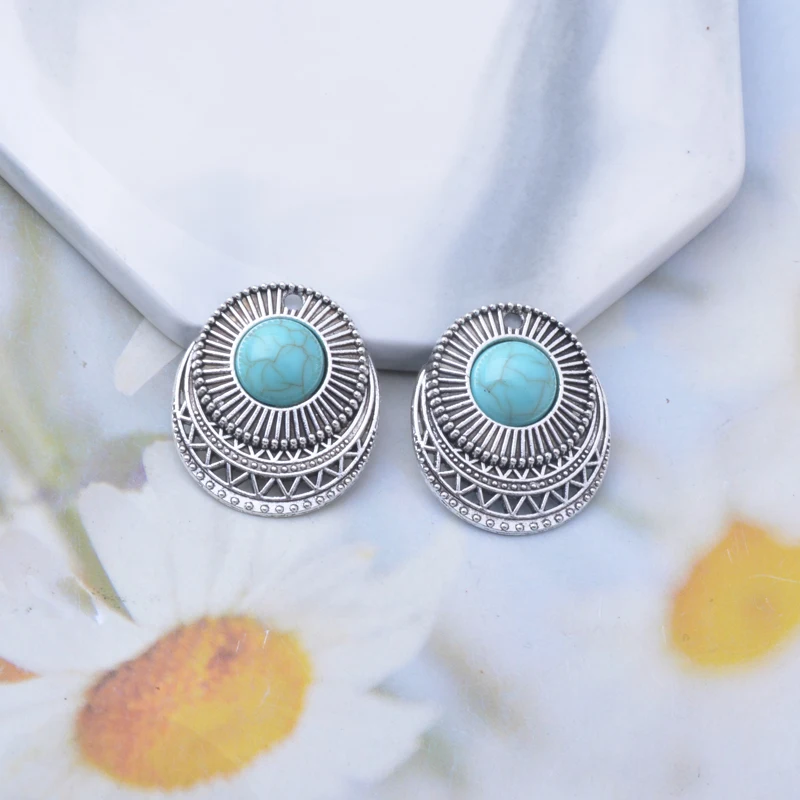 10pcs Antique Silver Color Alloy Imitation turquoise stone Round Connector Heart Water Drop  Leaf Charms Jewelry Pendants
