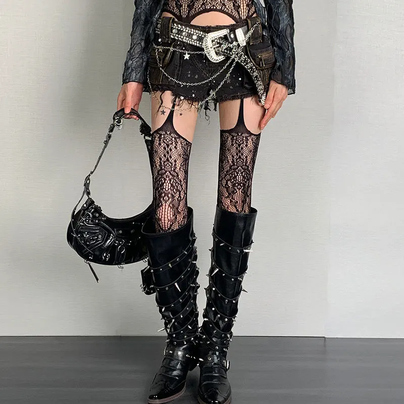 جديد طباعة براون جوارب شبكية المرأة مثير القهوة الجوف خارج الفخذ العليا الجوارب القوطية لوليتا اليابانية فوق الركبة جوارب طويلة