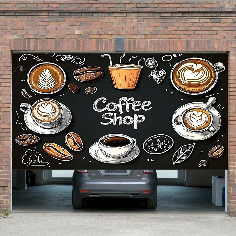 Coffee Latte Art Tapestry – Black Background Wall Hanging with Coffee-Themed Illustrations for Home, Café, or Event Décor 4