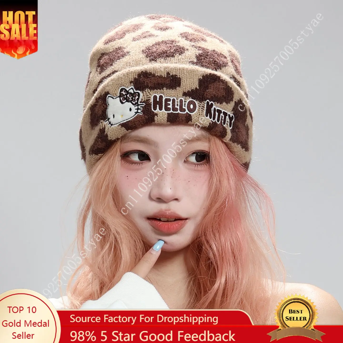 

Вязаная шапка Sanrio Hello Kitty с коричневым леопардовым принтом, теплая шапка на осень/зиму, милая и стильная, защищающая от холода.