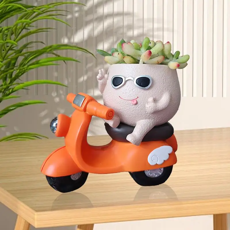 Decorative Succulent Planter Ventilation Small Face Planter Pot Riding A Motorcycle Bedrooms Resin Green Plant Ornament Planter