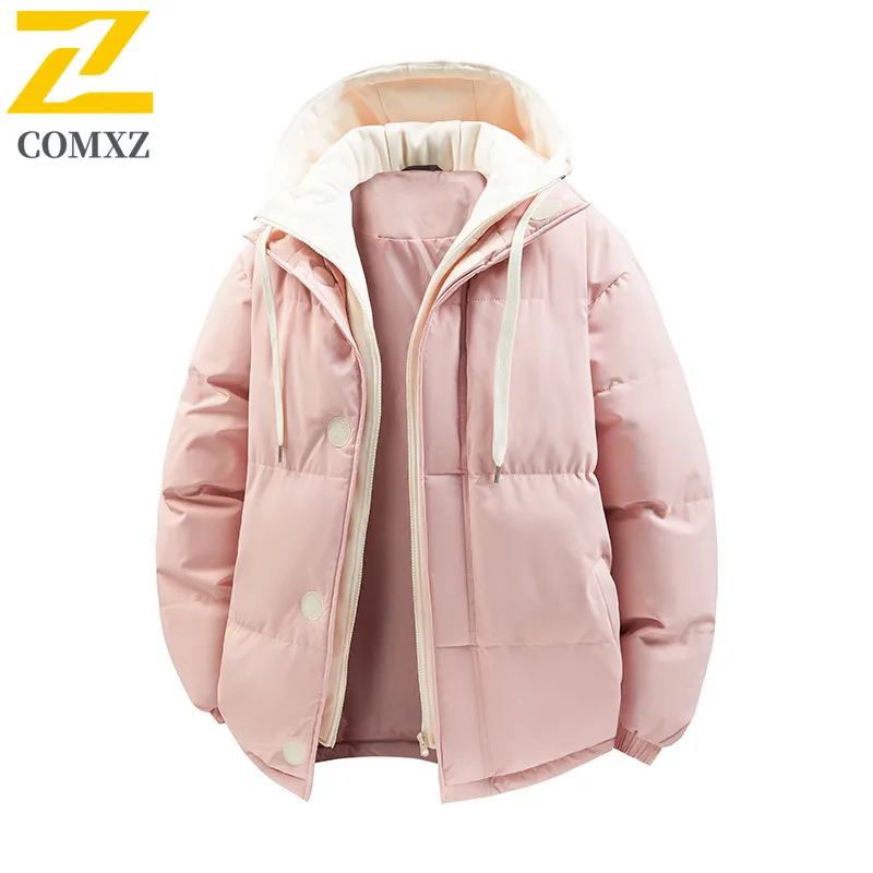 Men Parker Coat Thickened Fake Two Piece Hooded Winter Windproof Hiking Travel Bread Jacket Skiing Warm Cold Proof Parker Coat