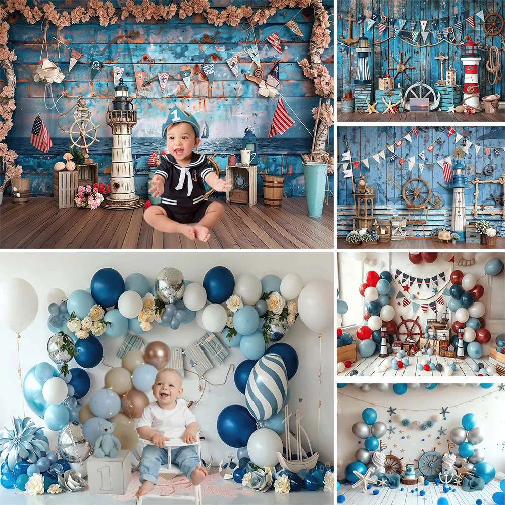 Sailor Boy Baby Show Background Photography Booth Blue Wooden Board Lighthouse Balloon Backdrop Decor Newborn Cake Smash Studio