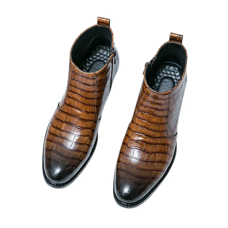 Men High Heels Chelsea Boots PU Embossed Pattern Pointed Fashion Classic Banquet Men Boots