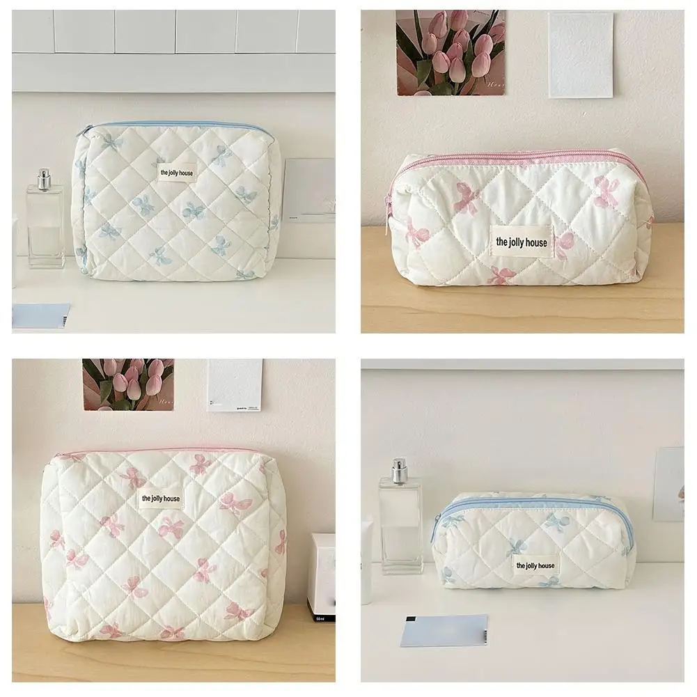 Pink Bowknot Quilting Women Cosmetic Bag Portable Zipper Makeup Bag Travel Organizer Female Handbag Toiletry Bag For Girls