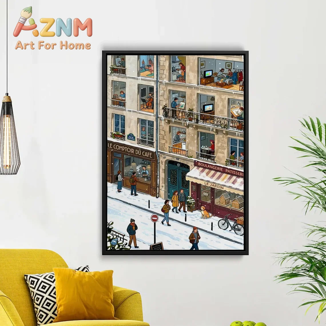 Snowy Paris Street Canvas Wall Art, Cozy Winter Apartment Illustration, French Café Cityscape Poster