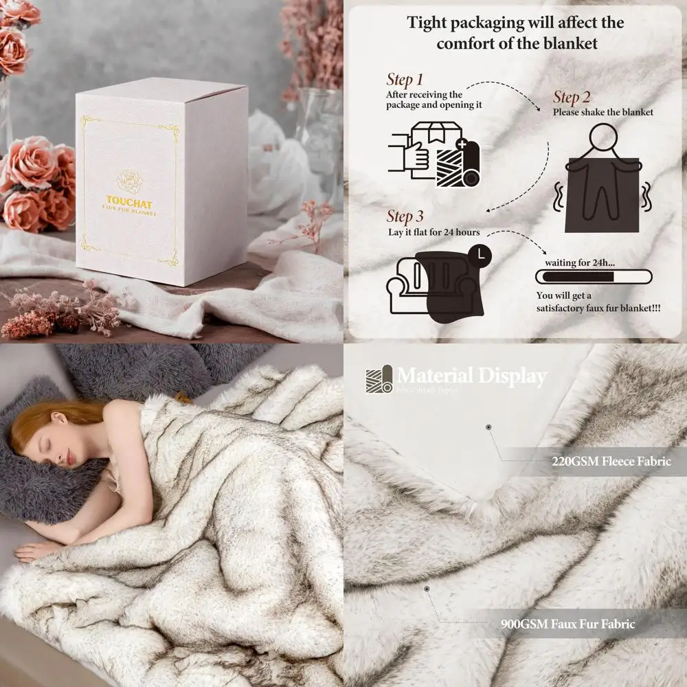 

Thick Plush Faux Fur Blanket, 50x60, Cozy Reversible Mink Style for Couch or Bed, Warm White & Brown