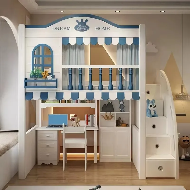 Children's Desk, Wardrobe, Integrated Castle Tree House Bed, Double Layered High and Low Bunk Bed, Bottom Table, Combination