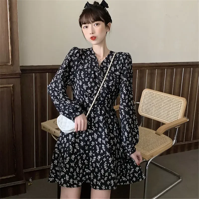 Dress Women Spring Autumn Vintage Floral Print V-Neck Dresses Women Long Sleeve Mini Dress Korean Fashion Vestido De Mujer