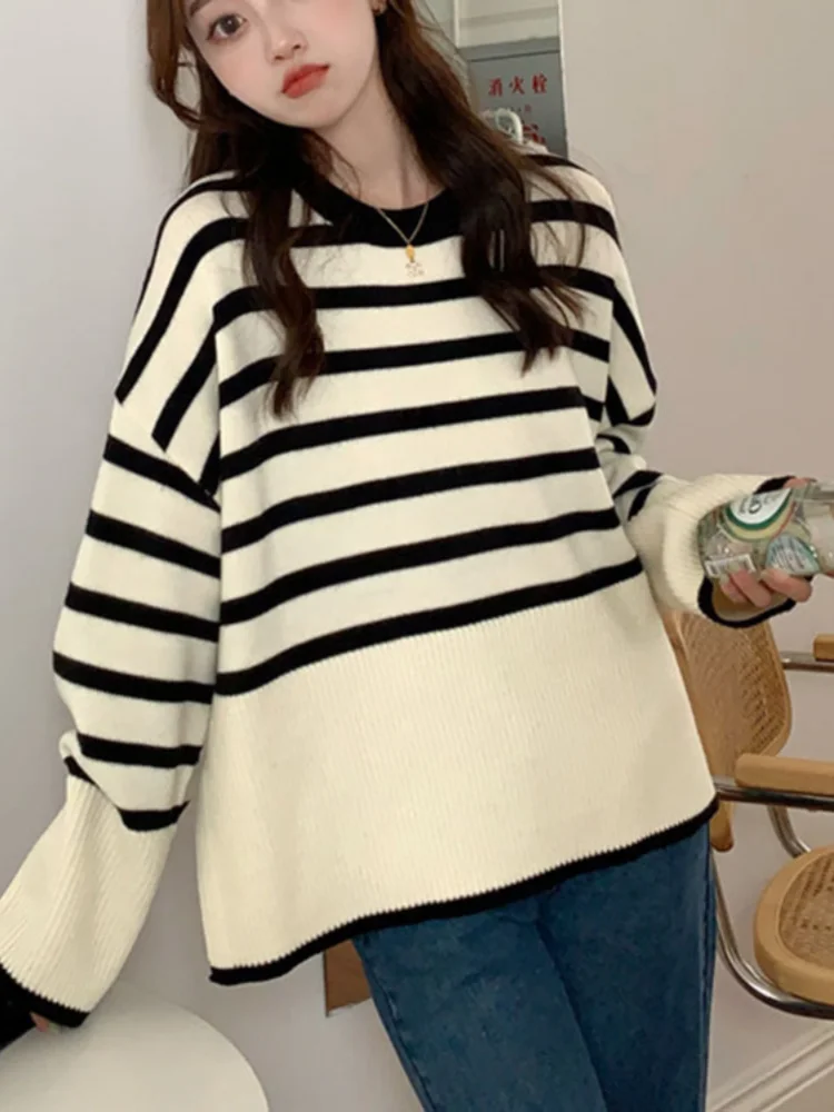 New Autumn Winter Women Sweater Striped Pullover Jumper Traf Sweater Y2K Clothes Pull jumpers Korean Tops Turtleneck jersey