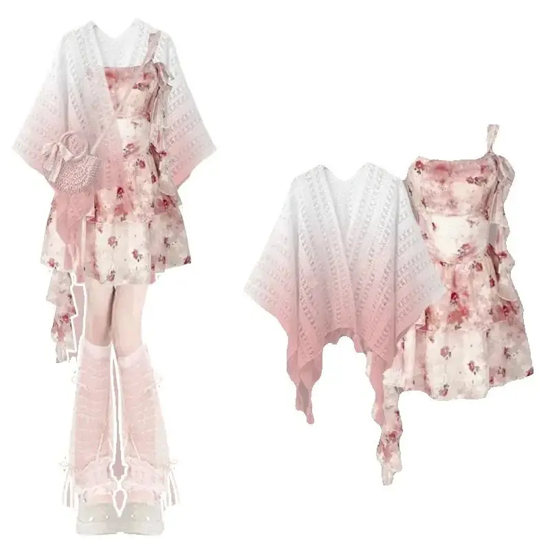 

Summer Wear Women's 2025 New Dopamine Hollow-out Shawl Sweet Fresh Slip Skirt Two-piece Set