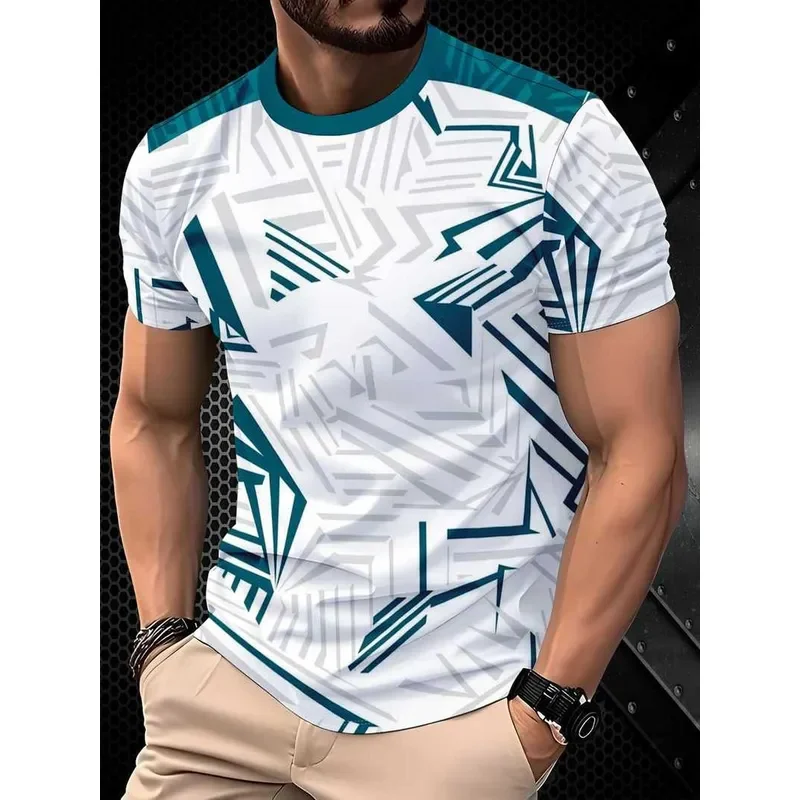 2026 Blue On White Background Irregular Geometric Lines Trendy Casual Short Sleeve T Shirt Men Women Summer Top Fashion