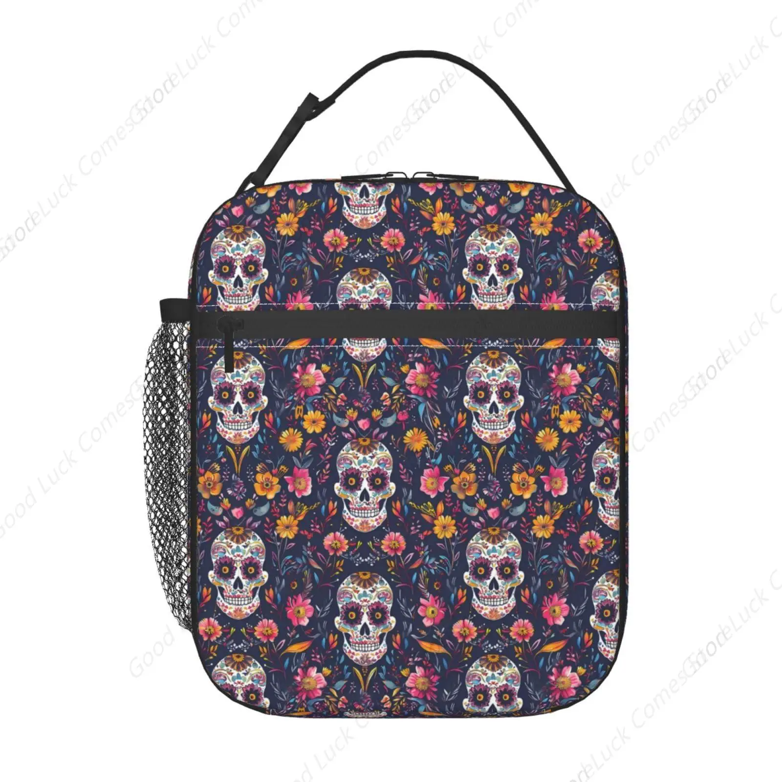 Sugar Skull Floral Insulated Lunch Box, Reusable Thermal Lunchbox with Colorful Skeleton and Flower, Portable Handbags