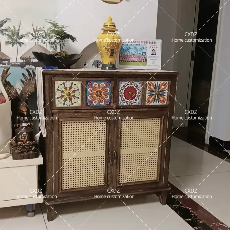Solid Wood Bucket Cabinet Rattan Dining Sideboard Retro Open Door Tea Storage Locker for Living Room Balcony Corner