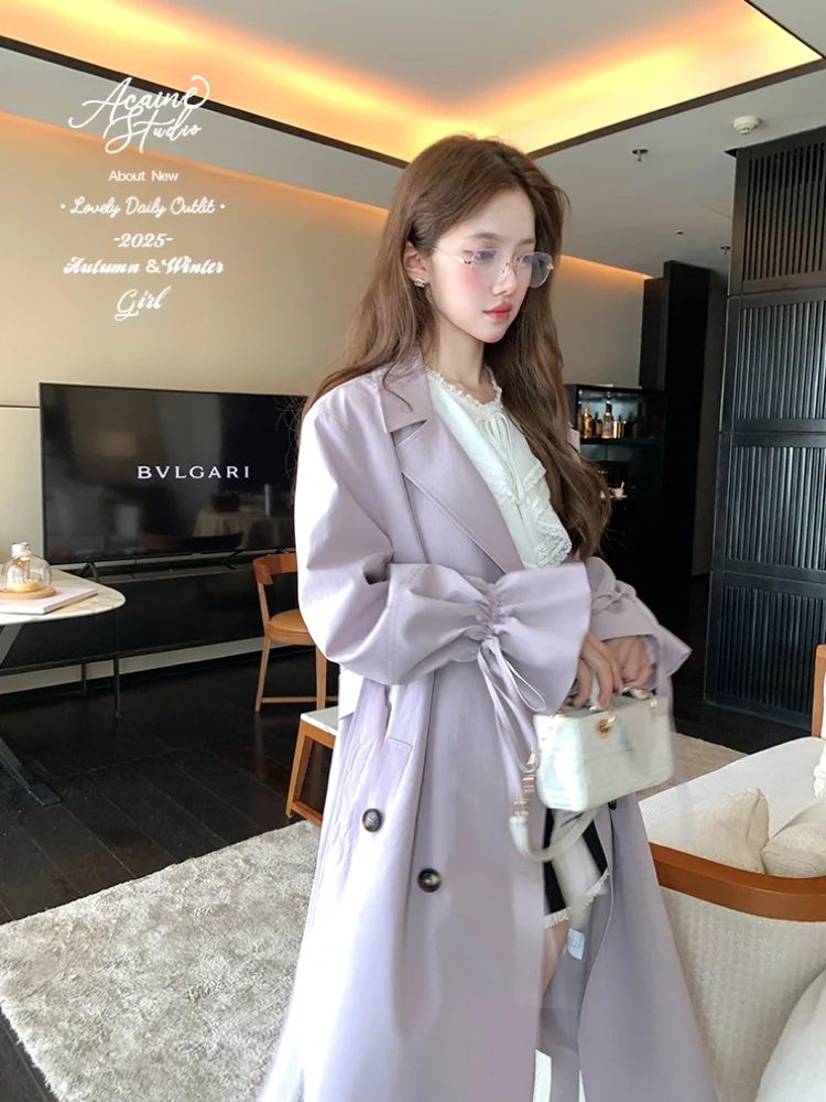

Acaine Autumn Long Waist-Cinching Windbreaker Coat Women's Purple Outerwear Ele Coat Sweet Sle Cotton Polyester