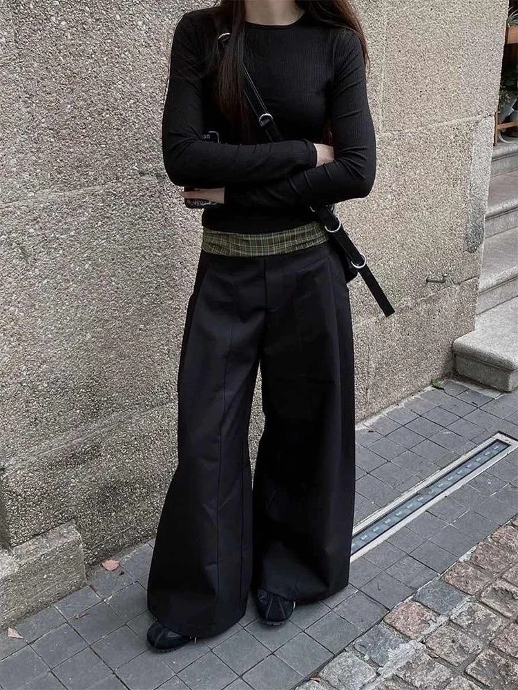 

HOUZHOU Vintage Black Baggy Pants Women Harajuku Plaid Patchwork Oversized Trousers Y2k Retro Casual Wide Leg Pants Streetwear