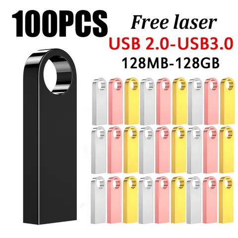 100PCS Free Custom Logo USB 2.0 and USB 3.0 Flash Drives Metal 64GB Free Logo Black 32GB Pen Drive 16GB Memory Stick U Disk 8GB